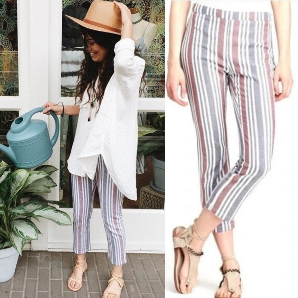 Free People Stripe Mod Linen Pants Burgundy Navy Retro Size 4‎ trousers